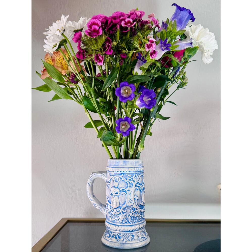 Blue White Ceramic Stein Vase Romantic Relief Cottage Decor